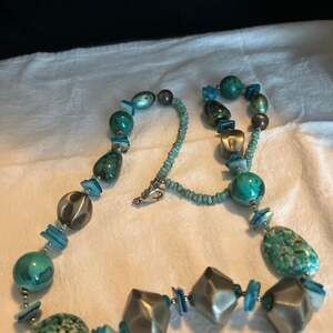 Chunky Turquoise Jasper and Mixed Glass Geometric Bead Statement Necklace